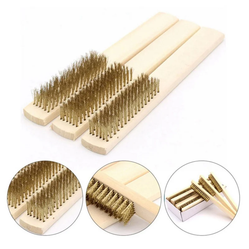 50pcs Wooden Handle Copper Plated Steel Wire Brush Cleaning Brush Copper Wire Brush Hand Tool Brush Rust Removal Tool