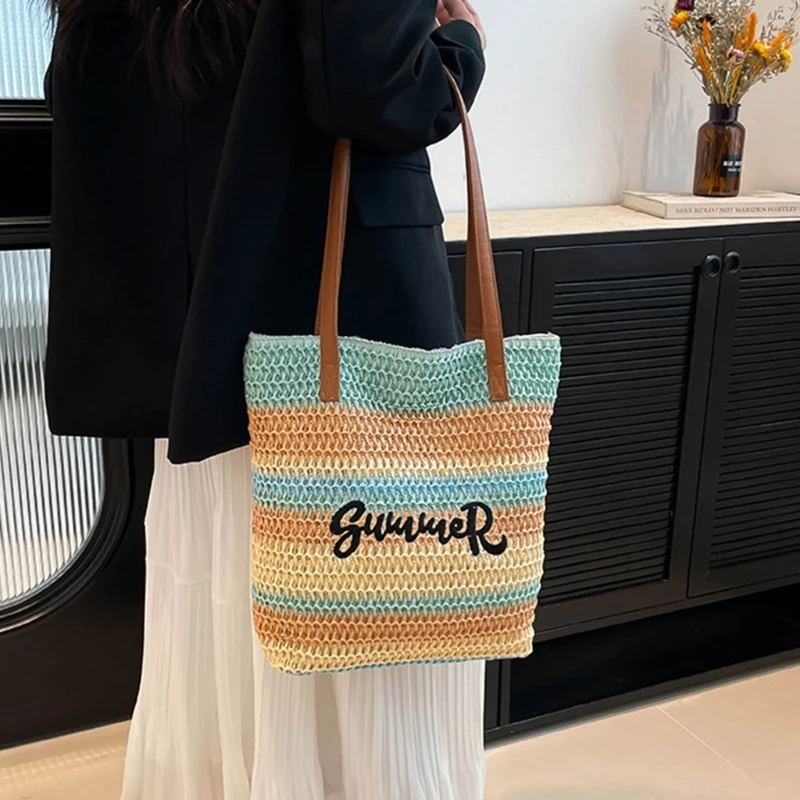 

E8FB Stylish and Practical Rainbow Woven Bag Travel Shoulder Bags Spacious Handbag for Beach Vacations and City Shopping