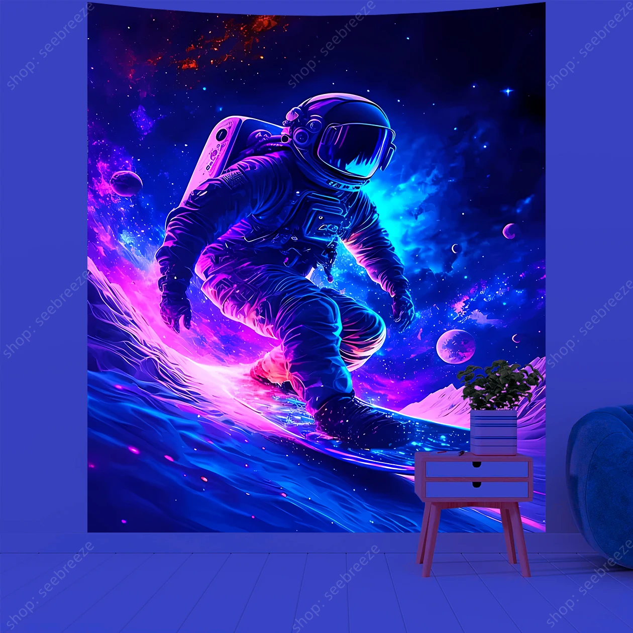 Astronauts Surfing in Space UV Reactive Tapestry Galaxy Space Pilot Wall Hanging Fantasy Outer Space Wall Tapestries Dorm Decor