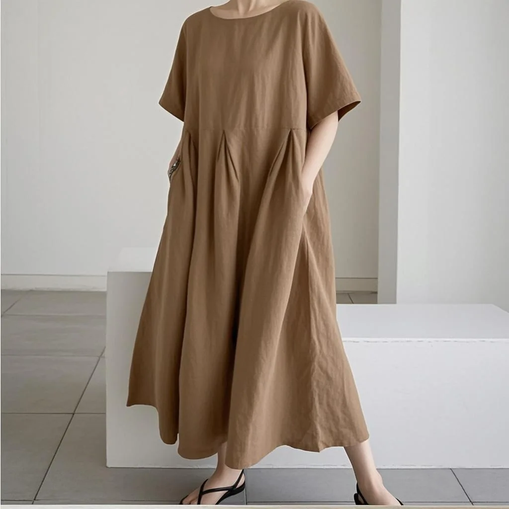 المرأة القطن الكتان فساتين متوسطة الطول الصيف شيك الإناث Vestidos فضفاض الصلبة ألف خط بوهو فستان قصير منتفخ كم فستان الشمس غير رسمي جديد