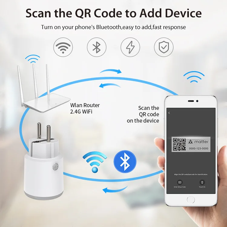 Matter Wifi Smart Socket 16A EU / French Smart Plug Use Tuya App with Power Monitoring Works with Homekit Alexa Echo Google