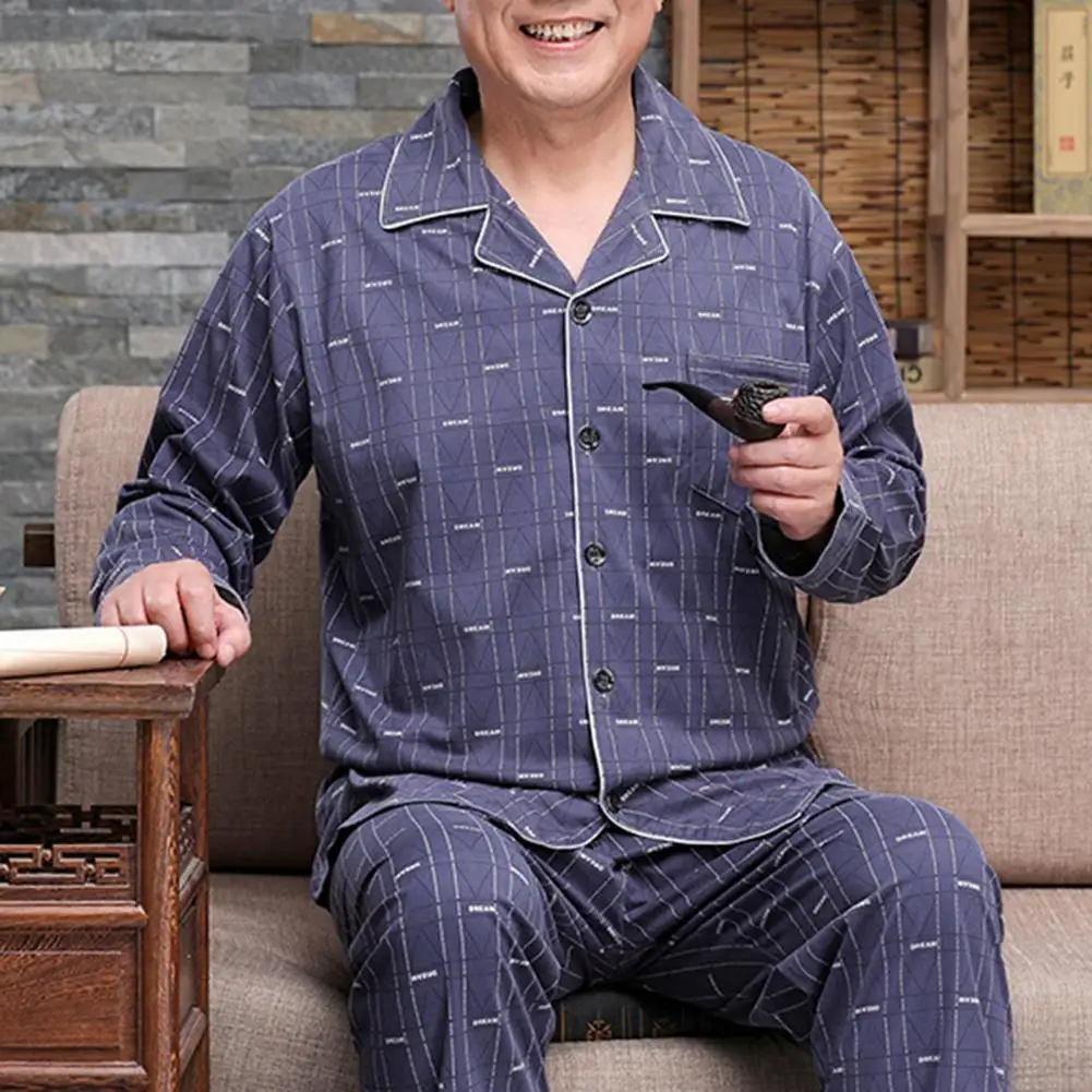 Set piyama pria setengah baya ayah musim semi musim panas, Set piyama dengan kemeja lengan panjang longgar celana kaki lebar nyaman untuk pria