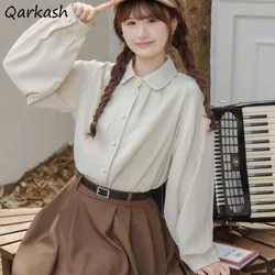 French Shirts Women Peter Pan Collar Long Sleeve Waffle Solid Loose Clothing Retro Sweet Preppy Style Students Design Simple New