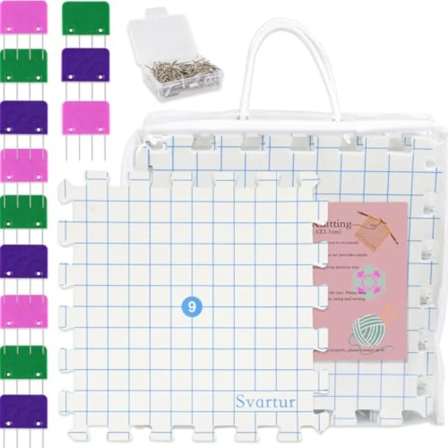 

Svartur Interlocking Blocking Mat for Knitting and Crochet Projects, 9 Pack Knitting Blocking Mats with Blocking Comb Pins, T-p