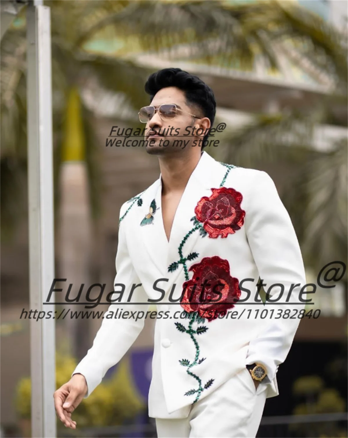Luxury Red Rose & Butterfly Floral Embroidered White Men Suits Customized Slim Fit Peak Lapel Groom Wedding Tuxedos 2Pieces Sets