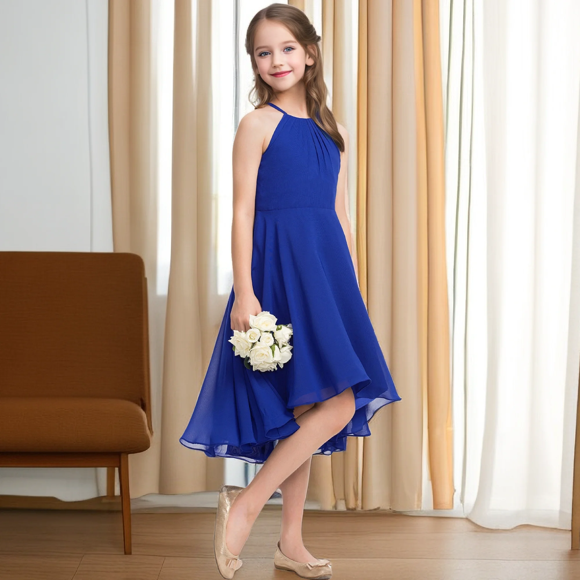 Vestido de dama de honor Junior de gasa asimétrica para niños, vestido de noche para Ceremonia de boda, banquete, graduación, fiesta de cumpleaños, evento, desfile