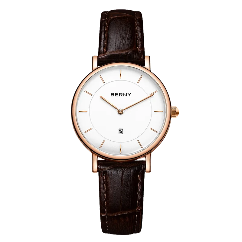 BERNY-Montre à Quartz en Acier Inoxydable pour Homme et Femme, Étanche, Saphir, Dames, Date, Calendrier, Boîtier Ultra-Mince, Montre d'Affaires