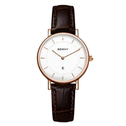 BERNY-Montre à Quartz en Acier Inoxydable pour Homme et Femme, Étanche, Saphir, Dames, Date, Calendrier, Boîtier Ultra-Mince, Montre d'Affaires