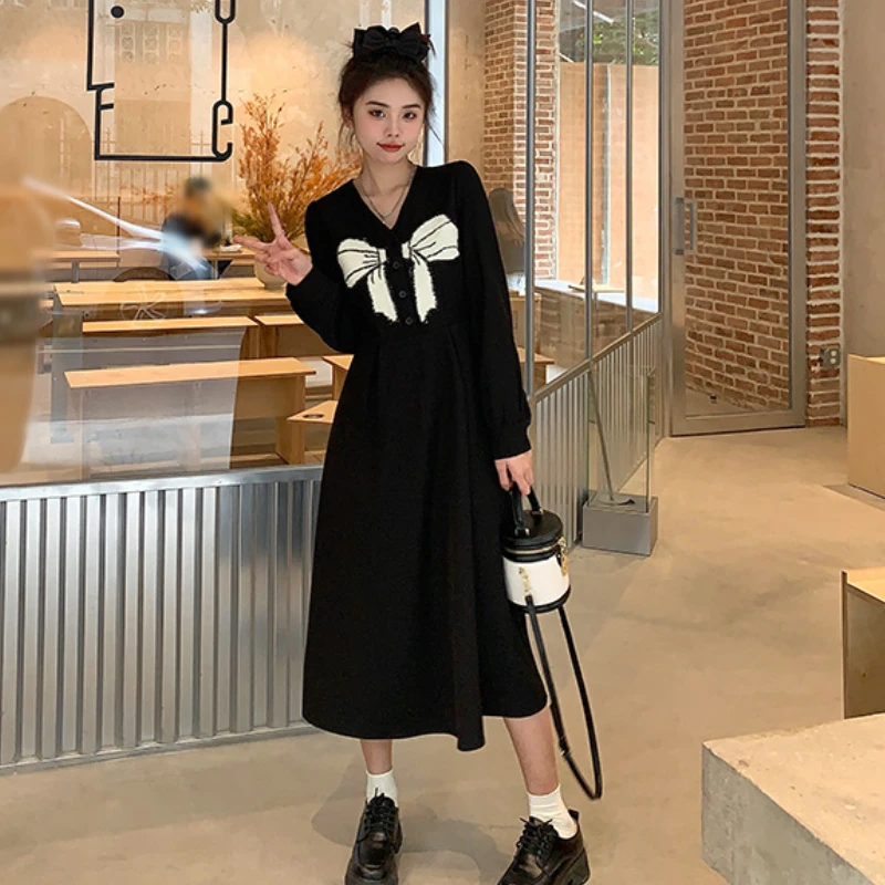 Dresses Women M-4XL Simple Elegant Autumn Leisure Design Bow All-match Solid Korean Style Sweet Trendy Student Classic Soft New