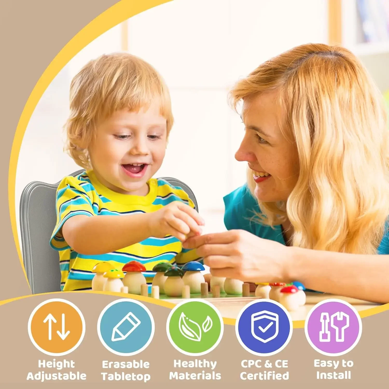 Ensemble table et 2 chaises pour enfants, ensemble table et chaises pour tout-petits réglables en hauteur pour les 3 à 8 ans, table d'art et d'artisanat facile à essuyer