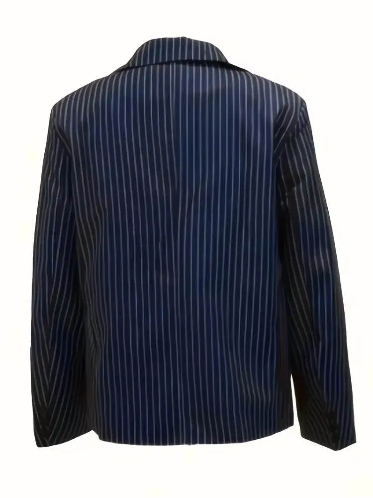 Stylish Elegant Blue Striped Suit Jacket Business Casual Lapel Double Button Long Sleeves All Seasons Men's Coat Jacket