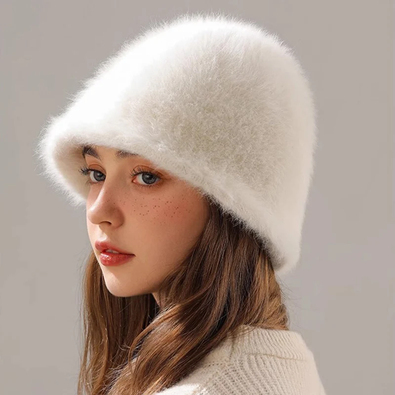 Winter Rabbit Hair Bucket Hat For Outing Warming Soft Wear Earproof Uptown Girl Street Fashion Russia Suit Thickness Panama Hat