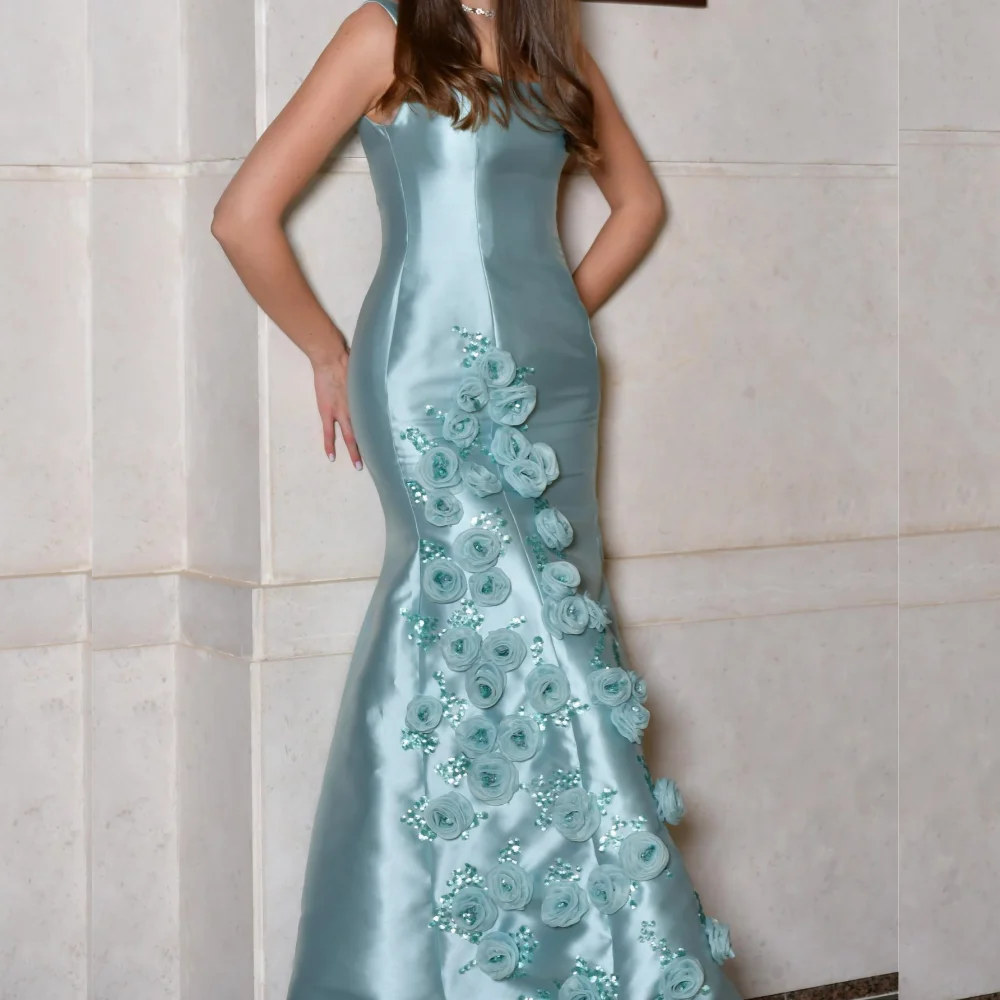 

Evening Satin Flower Beading Cocktail Party Mermaid Spaghetti Strap Bespoke Occasion Gown Long Dresses Saudi Arabia