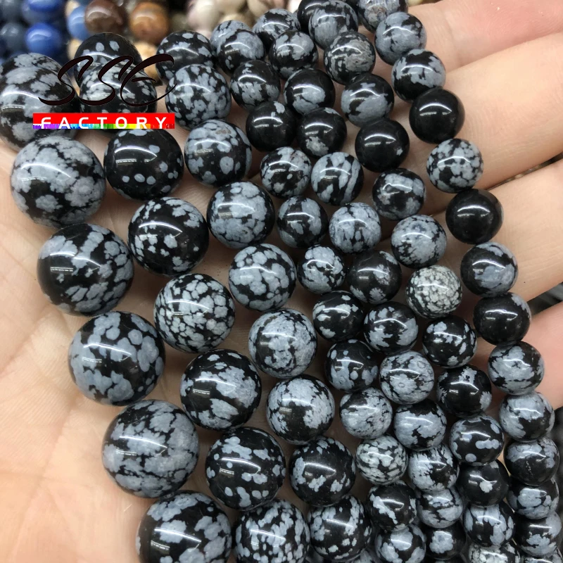 Natural Snowflake Obsidian Stone Beads Alabaster Round Loose Spacer Bead For Jewelry Making DIY Charm Bracelet 4 6 8 10 12mm 15\