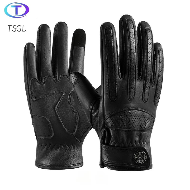 Gants de moto en cuir de mouton véritable, gants de moto vintage, gants noirs chauds, écran tactile, doigt complet, plume, automne