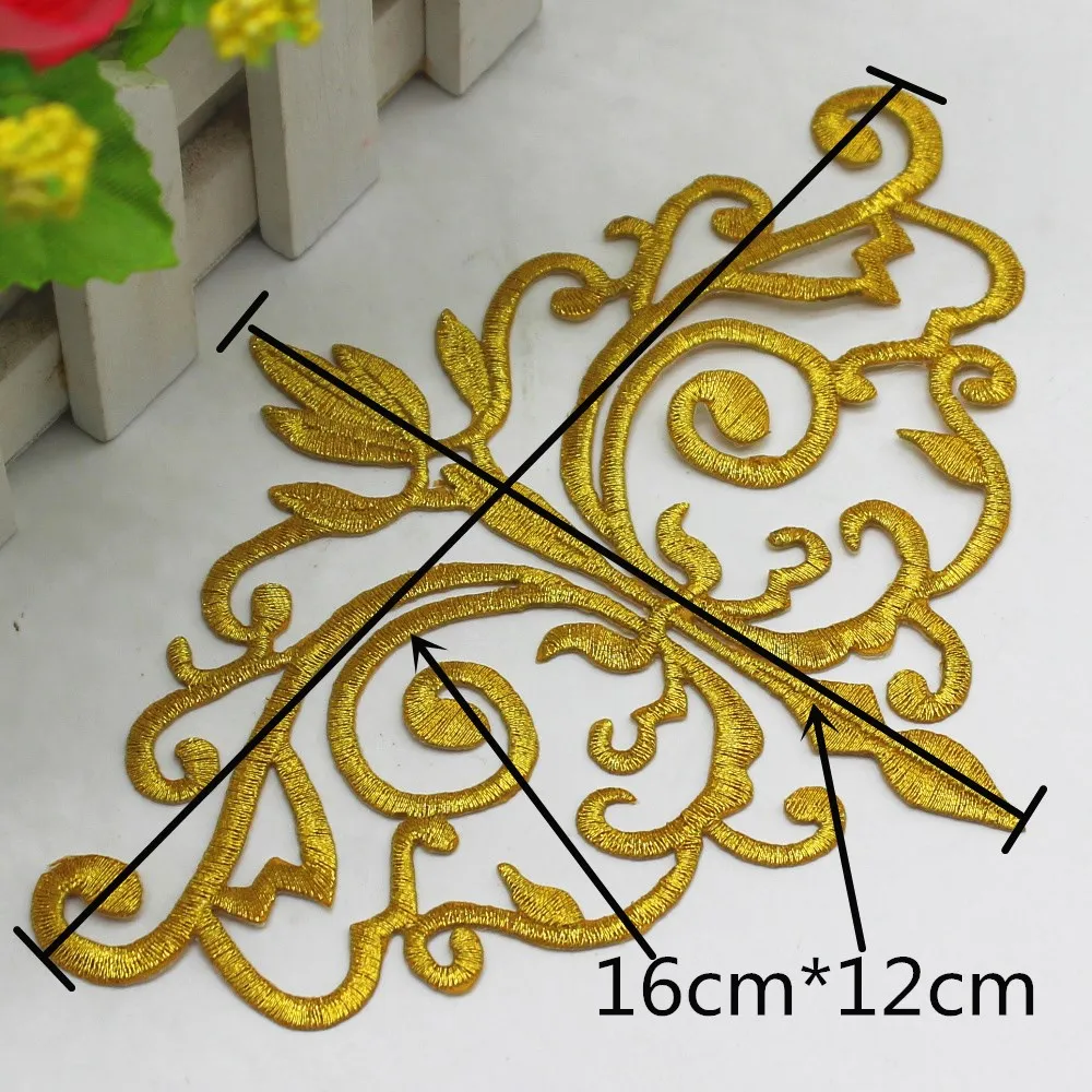 1 Piece Gold Embroidered Patches Baroque Style Iron On Flower Vintage Diy Trims Shiny Metallic Gold And Silver 20.5cm*10cm