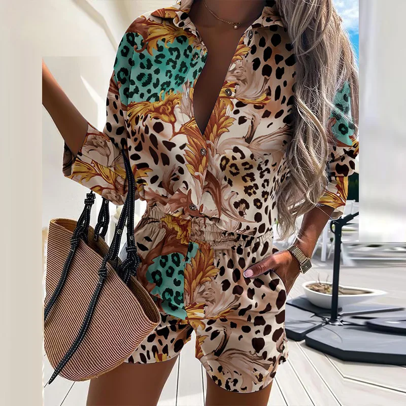 Fashion Buttons Stripe Shirts And Shorts Two Piece Sets Women 2024 Summer Casual Leopard Print 2 Piece Set For Women Tops Femme