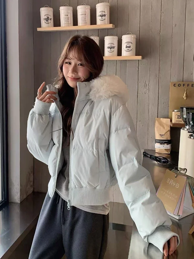 2026 Korean Fashion Women Faux Fur Collar Winter Coat Warm Cotton Padded Jacket Y2K Casual Vintage Parka Outerwear Coats 3