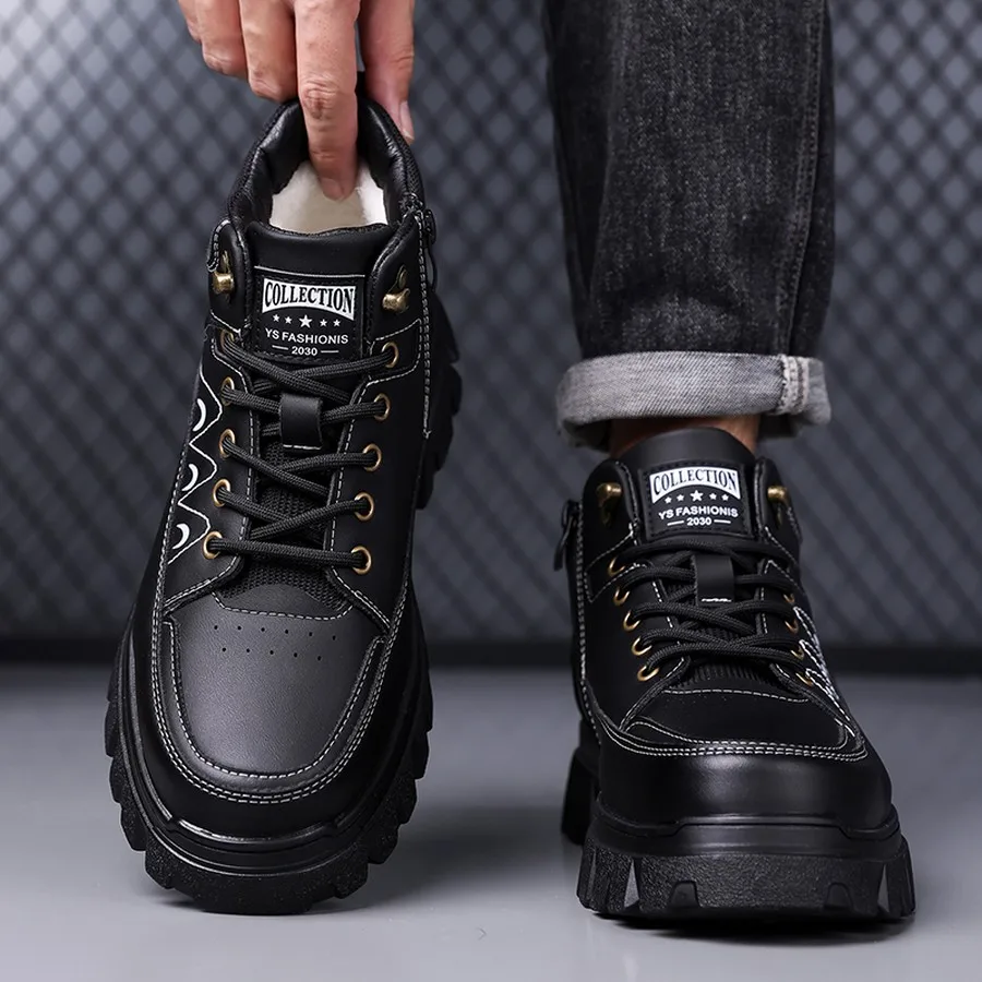 Men's Side Zipper Lace-Up Fleece-Lined High-Top Boots, Retro Thick Sole Winter Ankle Boots for Casual Outdoor Wear
