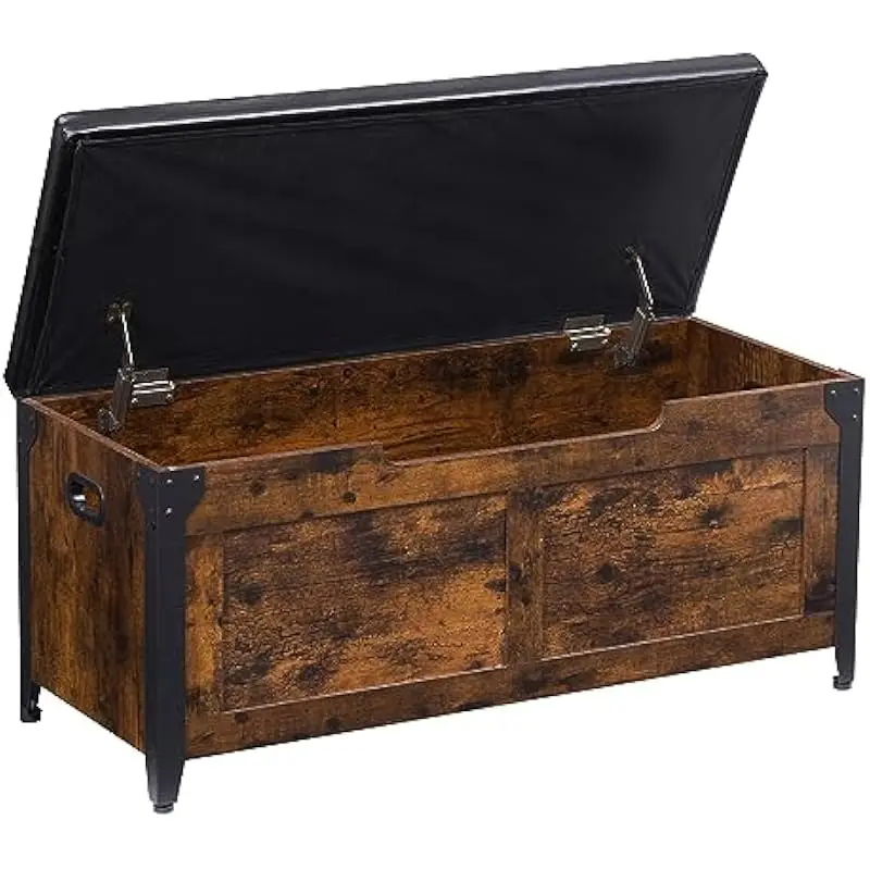 39.4 inch rustic brown engineered wood storage bench with metal frame modern design smooth hinges ample interior space side hand