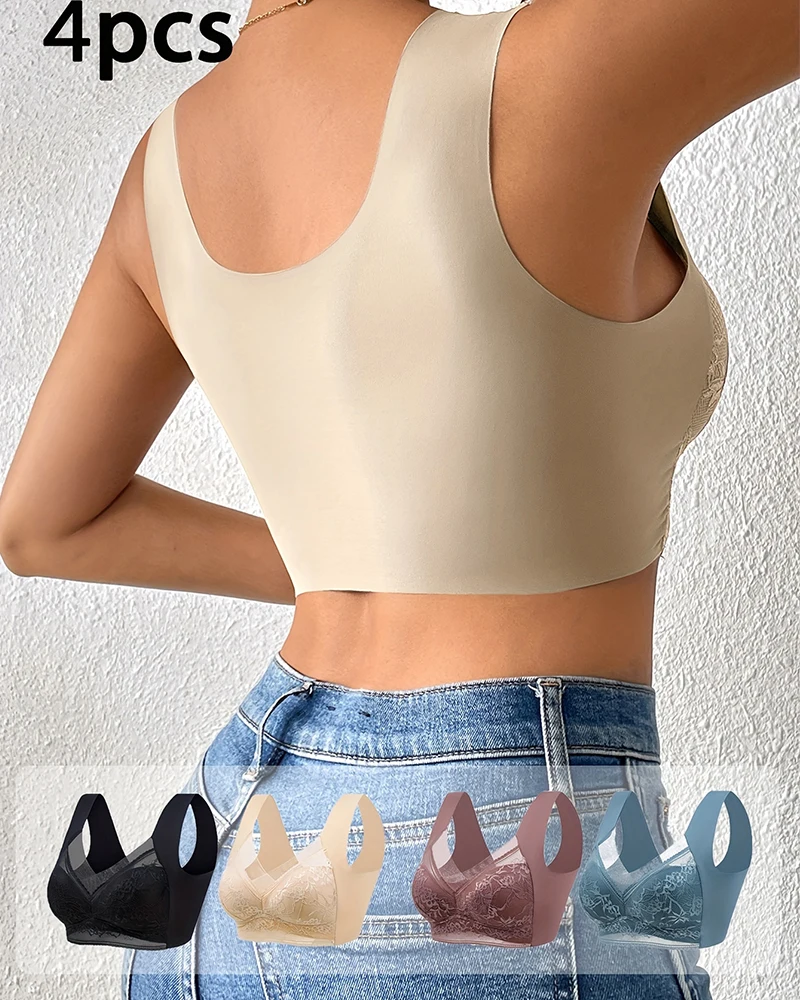 FINETOO 4 Buah Tank Top Crop Seksi Ukuran Plus Bra Mulus Bra Wanita Push Up Bra Nirkabel Pakaian Dalam Wanita Lingerie Renda Olahraga