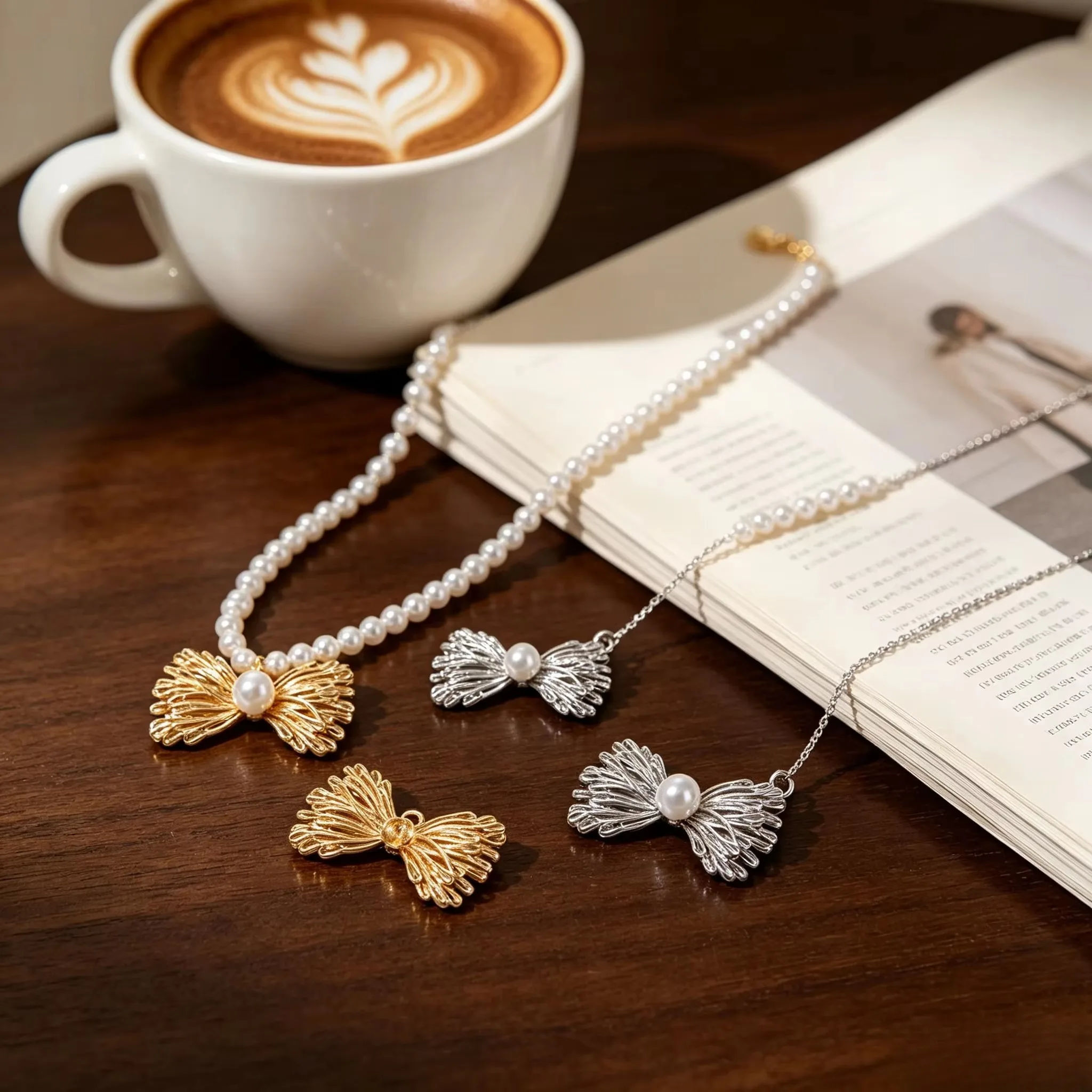 Dainty Girly Hollow Lace Bow Zircon Pendants 14K Gold Plated Blank Pearl Bezel For DIY Handmade Necklace Earring