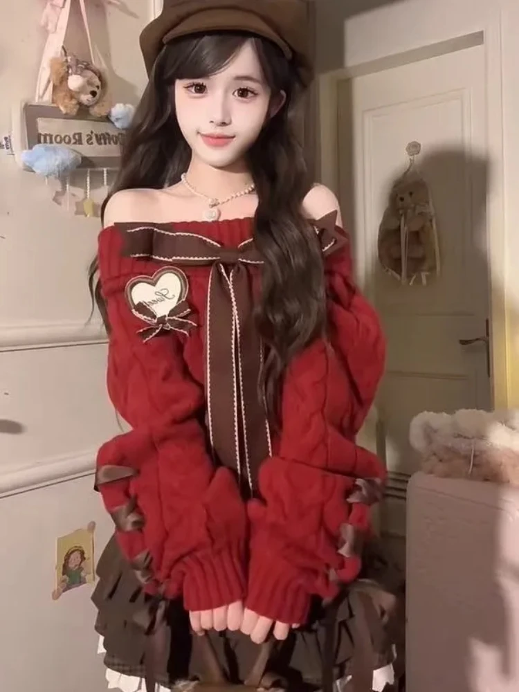 Pulover Rajutan Merah Lengan Panjang Bahu Terbuka Pita + Rok A-line Renda Pinggang Tinggi Y2k Set Dua Potong Baru Musim Semi Musim Gugur