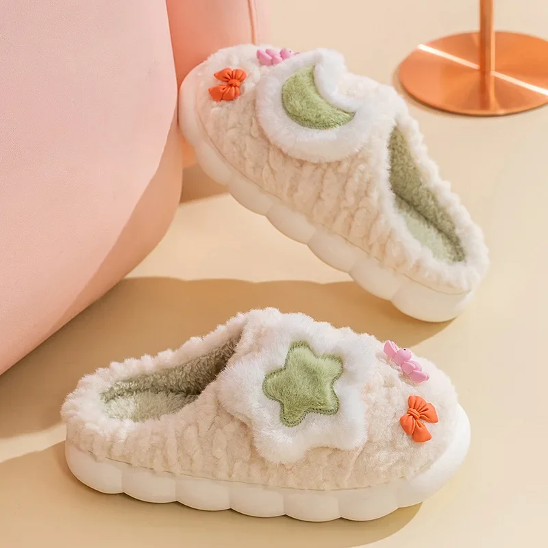 2023 new ladies cotton slippers cute stars moon cartoon thickened and piled home warm fur drag