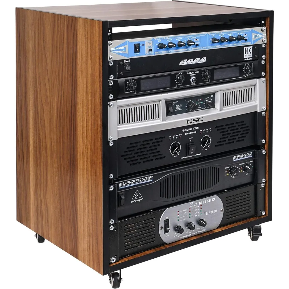 12U Studio Rack Cabinet with Walnut Laminate, Wheels and Rubber Feet for Equipment Storage