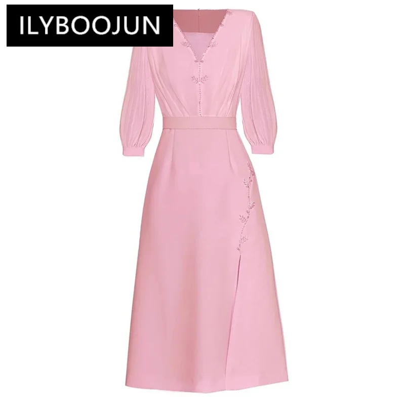 

ILYBOOJUN Fashion Designer Summer Dress Women's V-Neck Lantern Sleeve Beading Sashes Solid Color Office Lady Dresses