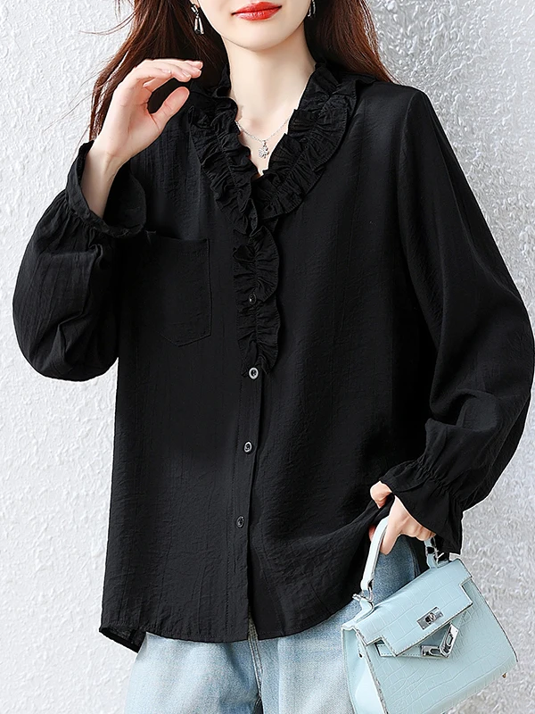 Black V-neck Women's Shirt 2026 Autumn New Style Loose Fit Polyester Fiber Long Sleeve Breathable Fashionable Elderly Reduction