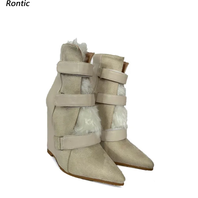

Rontic/Новое поступление, женские зимние ботильоны унисекс, замшевые туфли на танкетке с острым носком, красивая бежевая повседневная обувь, размер США 5-15