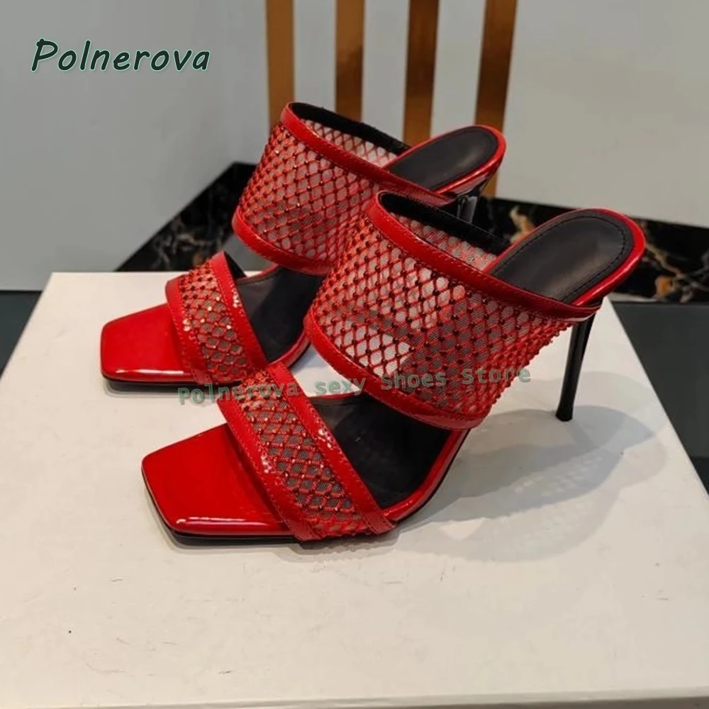 Mesh Rhinestone Fashion Summer Slippers Square Toe Stiletto Slip On Sole Sexy Women Sandals Cut Out Patchwork Slides 2026 Trend