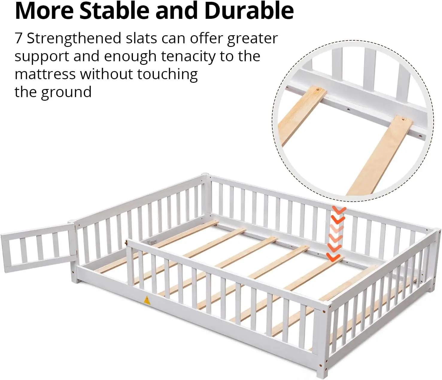 Cama de chão dupla para crianças, estrutura de cama montessori de madeira resistente com ripas de madeira, cerca alta e porta pequena, cama de chão montessori para