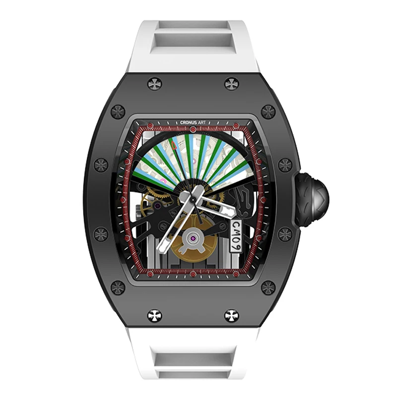 CRONUSART Heren automatisch horloge Luxe Tonneau mechanisch polshorloge Koolstofstalen behuizing Fluorrubberen band Skeleton Fan Face Dial