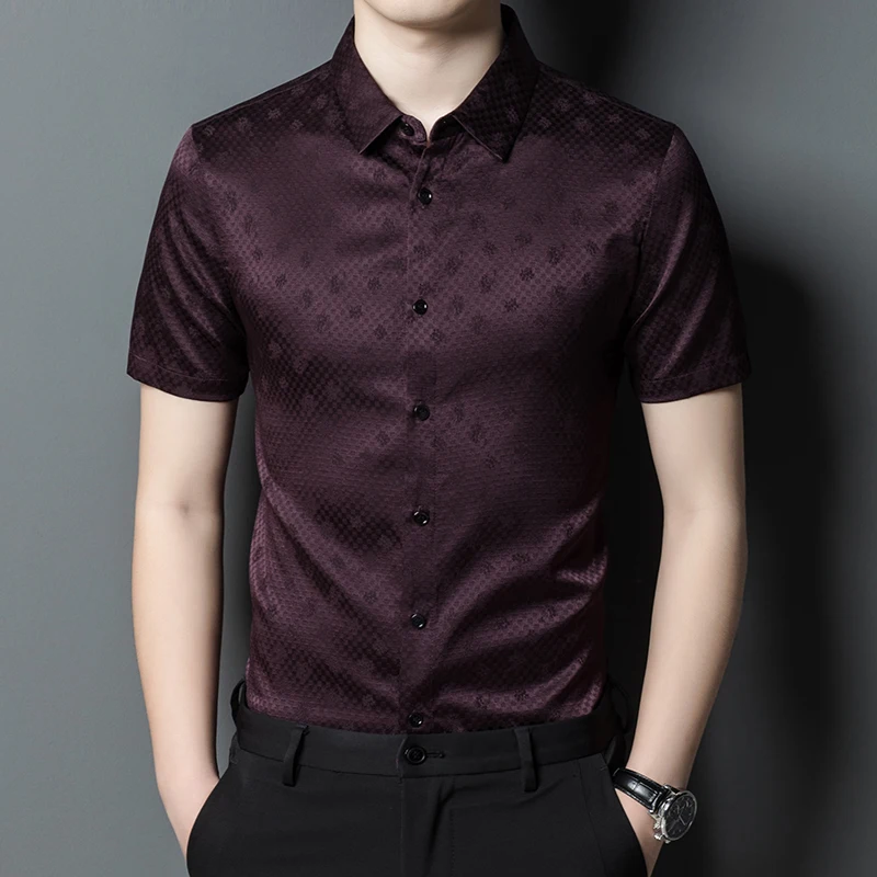 Smooth Skin-Friendly Men Shirt Real Silk Short Sleeve Gentleman Summer Quality Comfortable Breathable Jacquard Camisas De Hombre