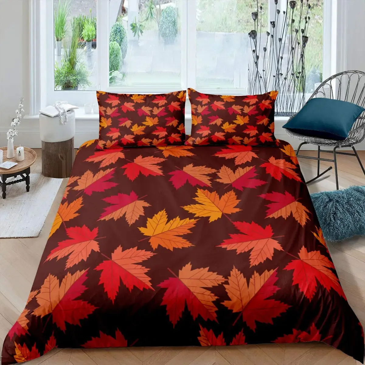 Maple Leaves Duvet Cover Set Colorful Autumn Season Maple Leaves In Unusual Designs Nature Print King Size 2/3pcs Bedding Set