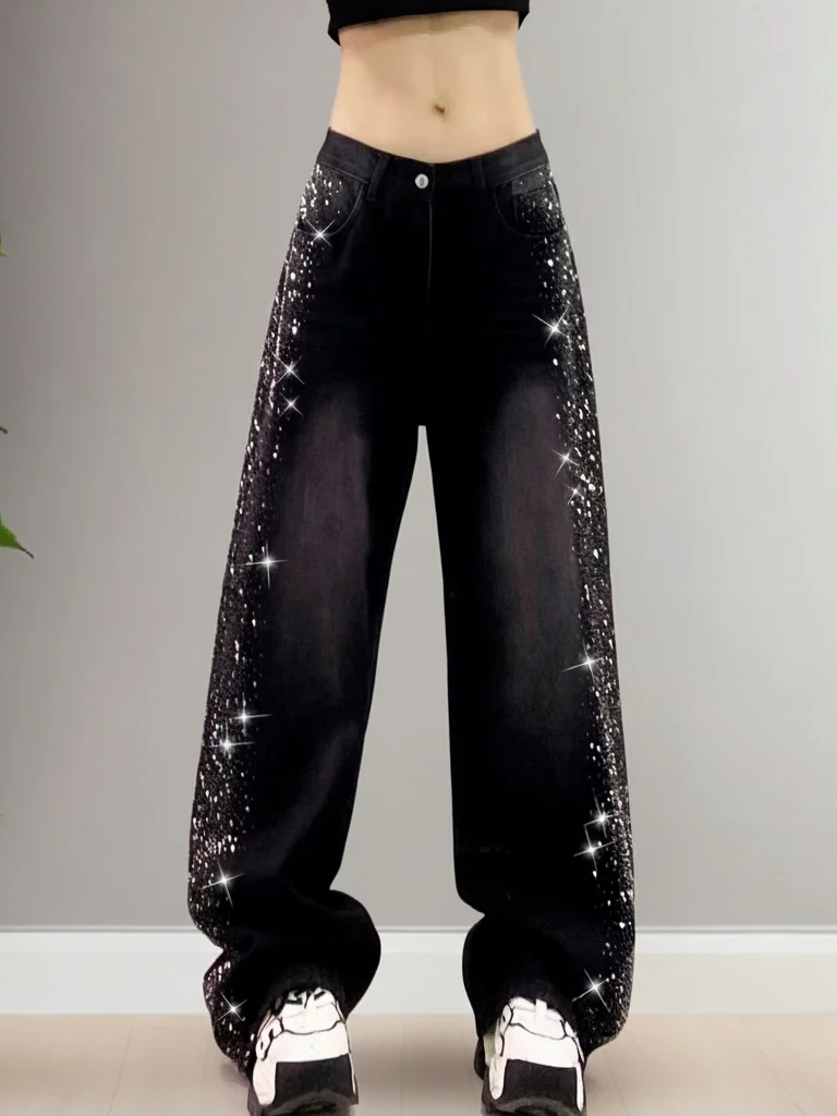 

Spring 2026 Casual Loose Women's Denim Pants Side Rhinestone Draped Wide Leg High Waist Bootcut Jeans Adult Bla