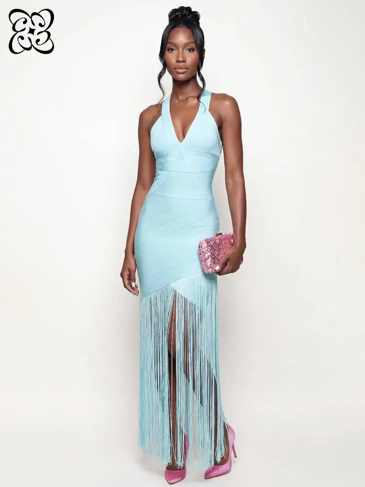 

2026 Sexy Sky Blue Bandage Fringe Dress Women – Deep V Halter Neck Bodycon Maxi Dress Elegant Party Evening Club Dress vestidos
