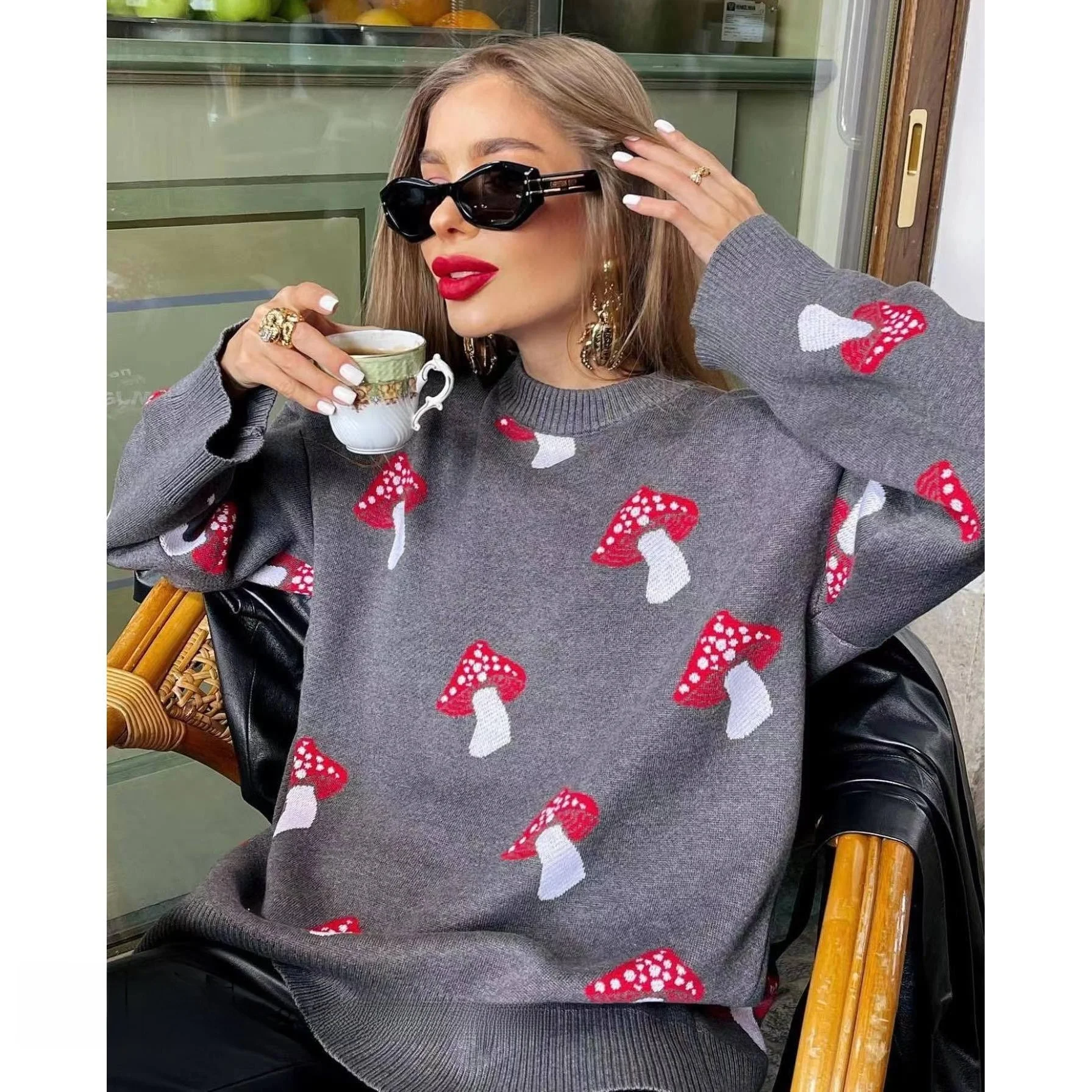 

Loose Fit Musoom Pattern Knitted Sweater Overhead Color Blo Design round Ne Long Sve Casual Sle Women's Sweater