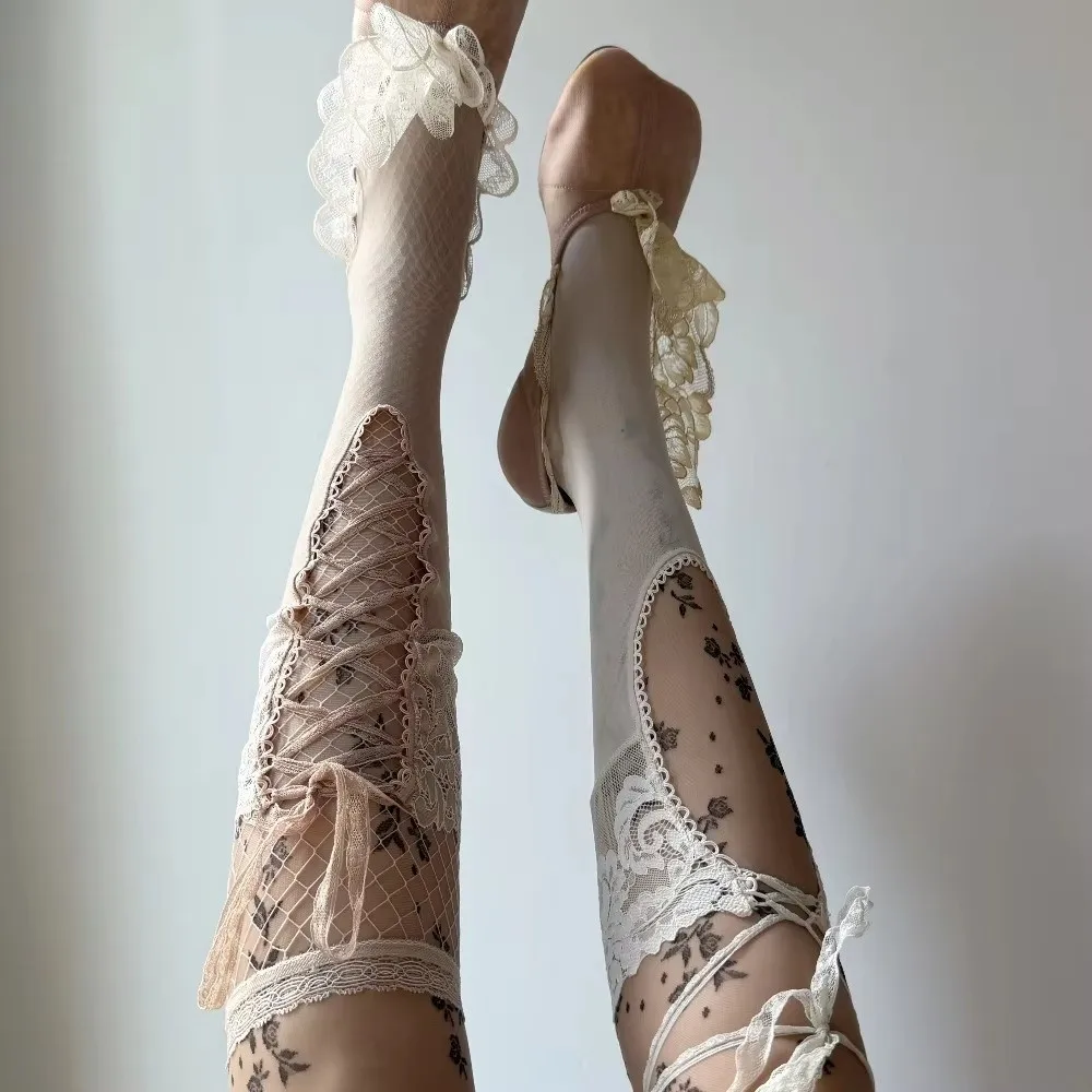 Vintage Lace Tie Stockings Ballet Style Retro French Over The Knee Socks Princess Dress Lolita Sweet Skirt Stockings Gift