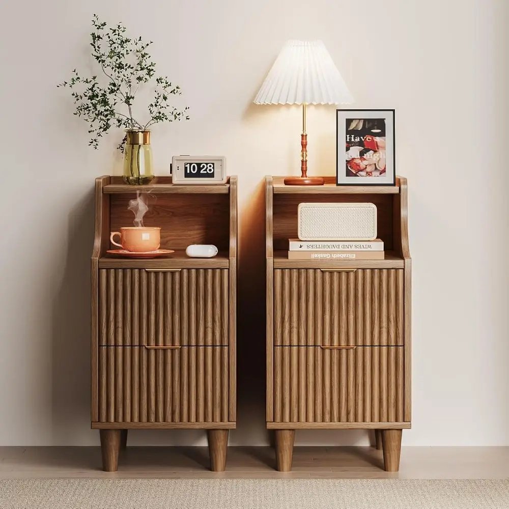 

Pair of Modern Slim Nightstands with Drawers, Wooden Bedside Tables for Bedroom or Living Room
