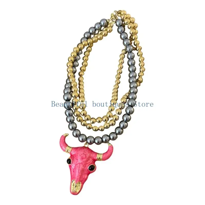 U4LF Statement Bull Horn Pendant Necklace With Mixed Beads For Bohemian Outfit Enhancer