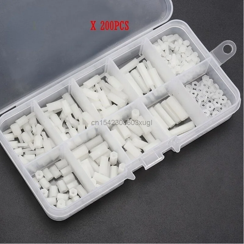 200Pcs/set M2 M2.5 M3 M4 Black/White Hex Nylon Standoff Spacer Column Flat Head Nylon Plastic Spacing Screws Nuts