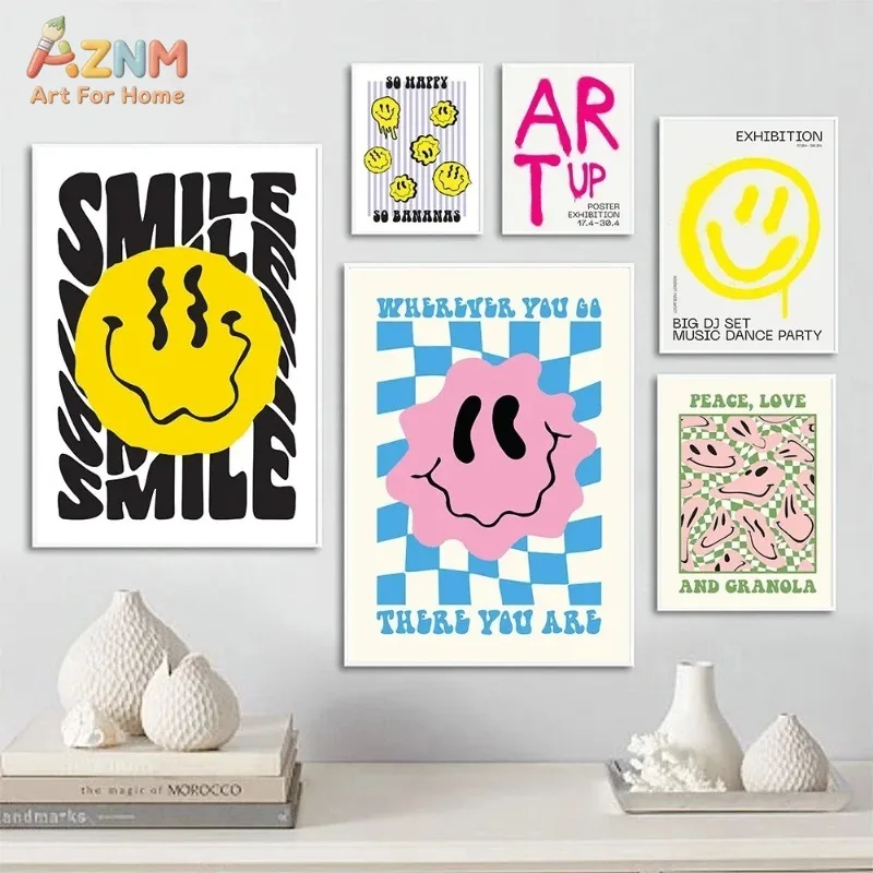 AZNM Retro Melting Smiley Face Canvas Wall Art Trendy Checkerboard Colorful Typography Poster Dorm Bedroom Unframed Decor Print