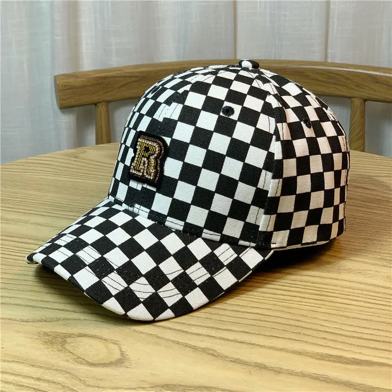 Retro Checkerboard Plaid R Letter Baseball Cap Man Women High Quality Streetwear Hip Hop Style Adjustable Back Buckle Sun Hat