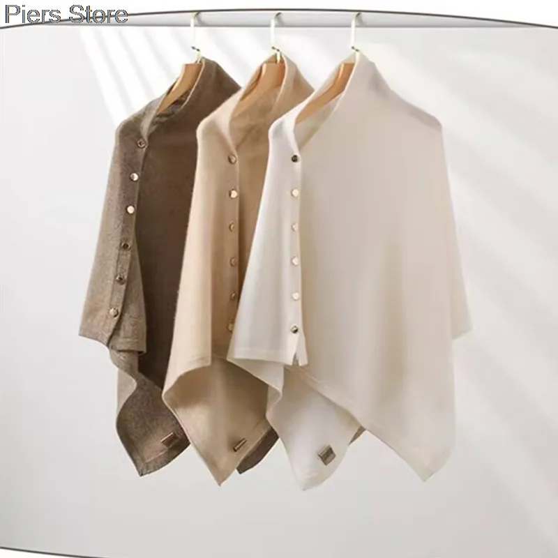 100-ウールカシミヤポンチョカーディガンショールニット不規則な形のクロックファッションソフトで暖かいウール製バットスリーブゆったり冬用ウールショール