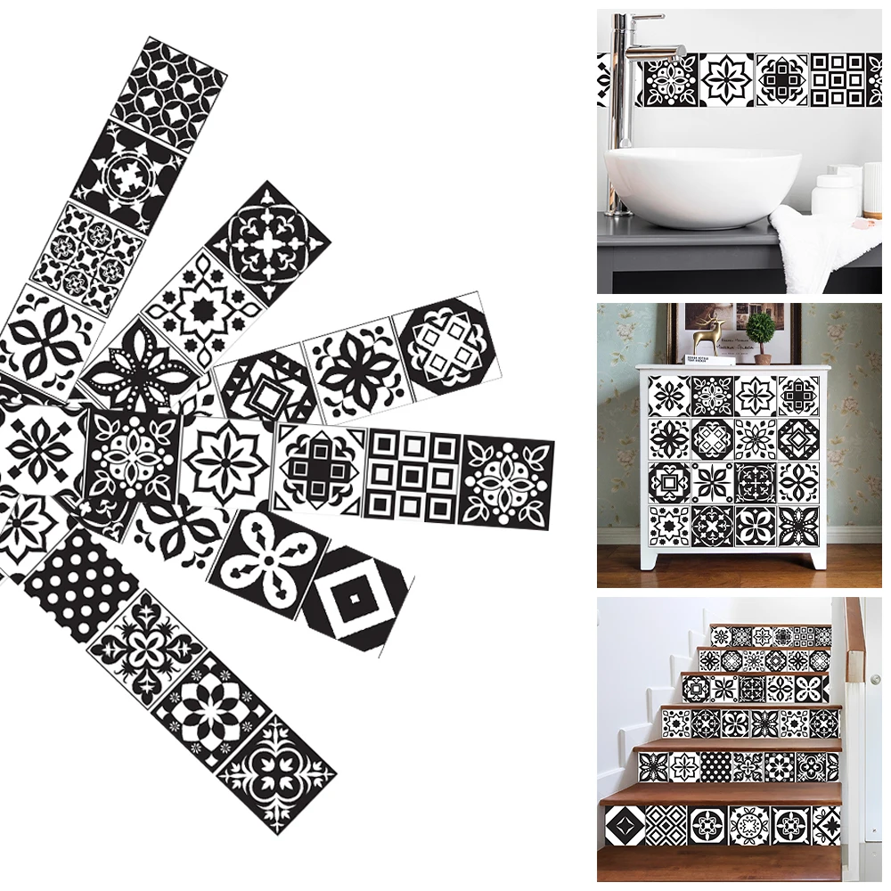

2 meters Black and White Moroccan Tile Wall Border Stickers Waist Line Wallpaper for Home Baseboard Decor Frame Skirting Line