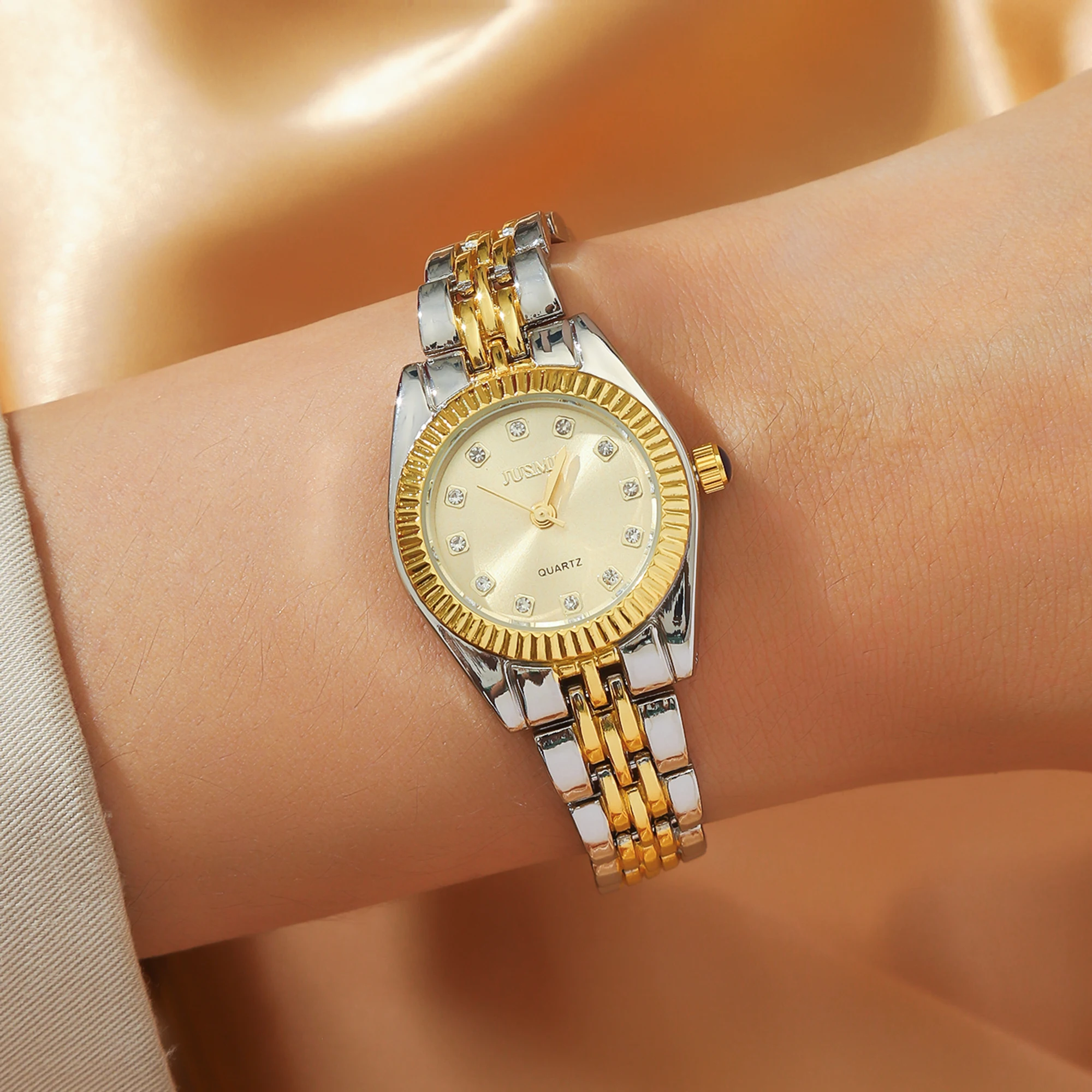 ساعة كوارتز نسائية بقشرة الشفق المرصعة بالماس ، ساعة روما للوجه ، سوار ذهبي وفولاذ ، جديد