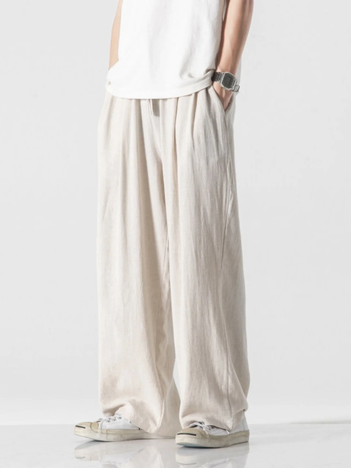 

Summer Large Size Linen Wide Leg Pants Men Comfortable Loose Thin Casual Cotton Linen Straight Tube Long Trousers